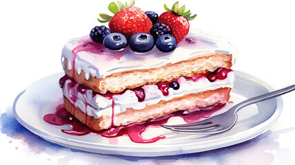 Cake on a plate with a fork on white. Illustration of a cake with strawberries and blueberries on a white background.
