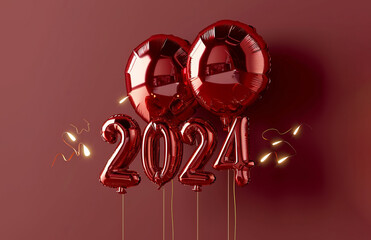 A group of balloons on a wall with numbers 2024 in red and white colors