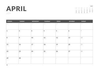 Monthly page Calendar Planner Templates of April 2024. Vector layout of simple calendar with week start Monday for print. Page for size A4 or 21x29.7 cm in dark color