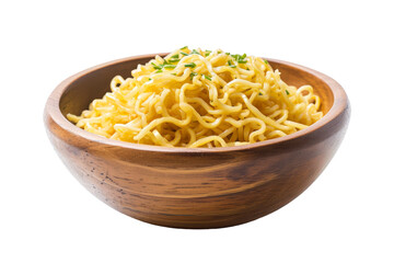 Wooden bowl with noodles. A portion of delicious noodles in a wooden bowl, cut out - stock png.
