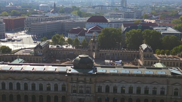Dresden construction Zwinger, Opera at River. Magic aerial top view flight drone