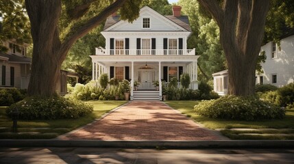 Classic white clapboard house with the red brick sidewalk