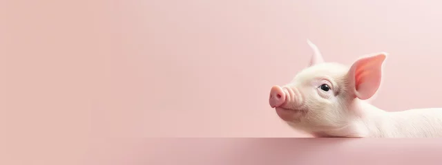 Fotobehang Happy cute mini pig isolated on pink background. Happy funny piglet. Exotic domestic pet. Vegan and vegetarian concept. Animal health, love of nature © ratatosk
