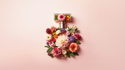 Colorful flowers in perfume shape against pastel pink background. Creative flowers design. Perfumery decoration. Fragrance, cosmetics, cologne.