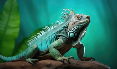 Fototapeta premium Beautyfull green chamelon on turquoise blue background with tropical plants and leaves. Veiled colorful chameleon on branch. Reptile lizard in zoo terrarium. Exotic domestic pet concept