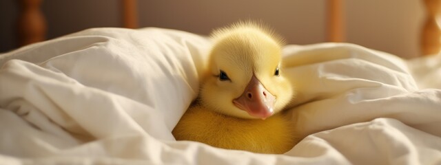Adorable small yellow fluffy duck ying on white blanket. Baby duck resting in bed at home. Exotic domestic pet concept