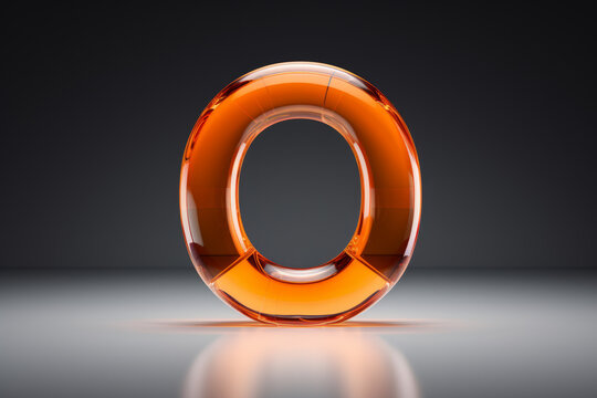 Glass orange 3D render of the letter "O" isolated on a solid black background