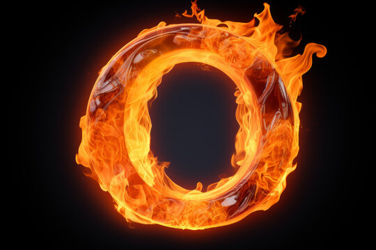 Firey 3D render of the letter "O" isolated on a solid black background