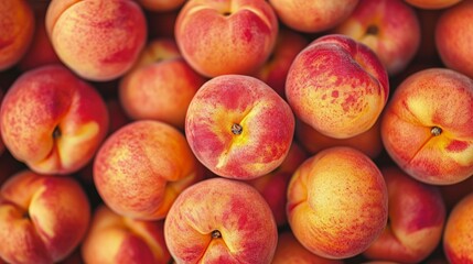 Fototapeta na wymiar top View Background of Fresh, Ripe Peaches in Close-Up.