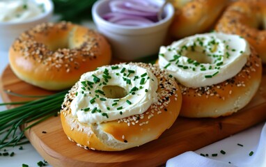 Fototapeta na wymiar Bagels with cream cheese and chives