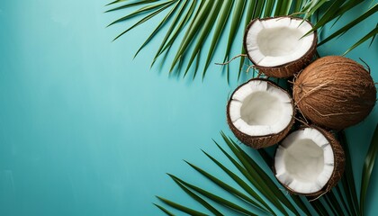 Composition with fresh coconut halfies on palm leaves on turquoise blue light background, Coconut and coconut tree branch on blue background, Coconut with jars of coconut oil and cosmetic cream  - obrazy, fototapety, plakaty