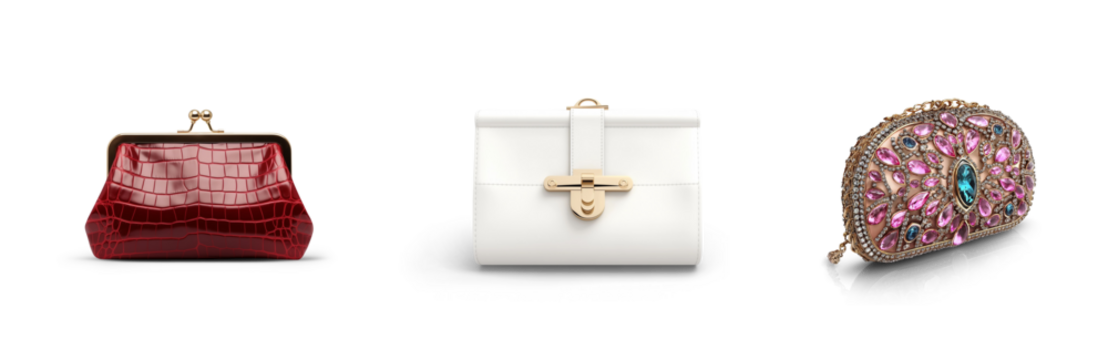 set collection of stylish women handbag purse, red and white leather, different colors and style, luxury elegant ladies hand bags isolated on white png transparent background