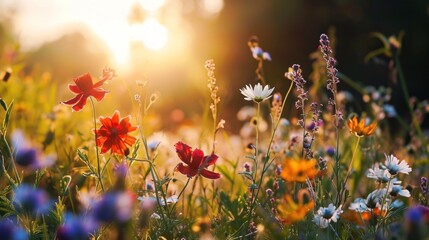  a field of wildflowers with the sun shining through the trees in the background and a field of wildflowers in the foreground.