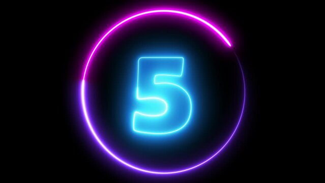Neon bright glowing electric countdown timer from 10 to 0 seconds. 