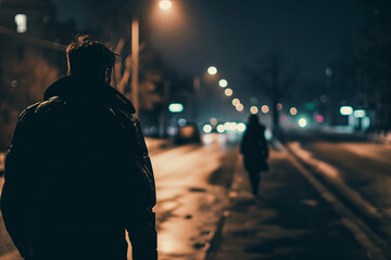 Man following woman in dark street, night, stalking, crime, mugger, scary worry violence, city danger silhouette life footsteps two people girl man, afraid. - obrazy, fototapety, plakaty