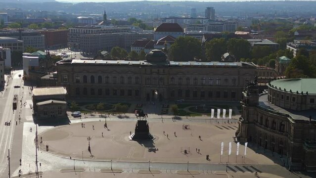 Dresden City Zwinger, Opera Church at River. Great aerial top view flight drone