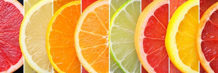 Collage of citrus fruit products   divided with white vertical lines   bright and light background