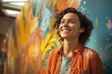 Fototapeta premium Smiling Woman on a Flower Art Background