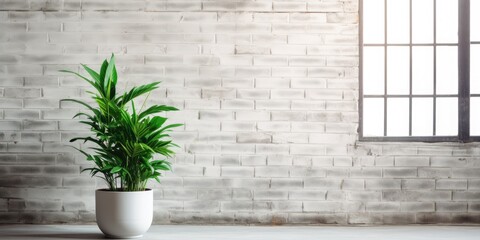 Large potted green plant on concrete floor, near old white brick wall with windows.