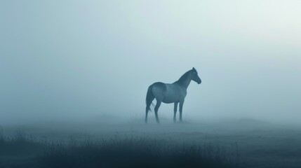  a horse standing in the middle of a field on a foggy day with tall grass in the foreground.