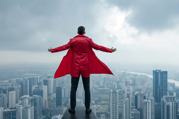Fototapeta na wymiar A full - length man is not standing on top of a skyscraper in a business suit with a red raincoat