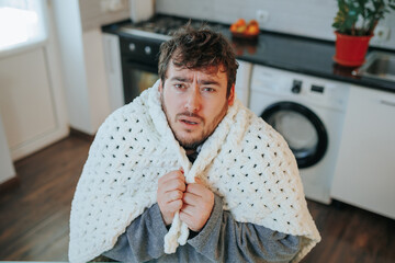 Frosty Portrait Young Bearded Man Shivering Under Duvet Indoors