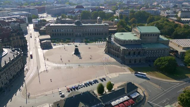 Zwinger, Opera Church at River City Dresden. Fabulous aerial view flight drone