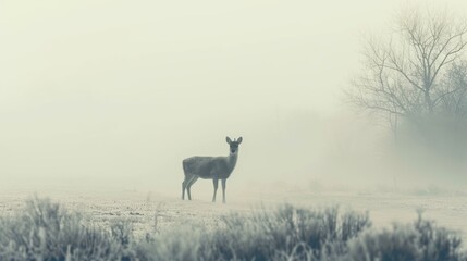 Fototapeta premium a deer standing in the middle of a field on a foggy day with trees and bushes in the background.