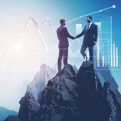 Two people in business suits are standing on top of a mountain shaking hands