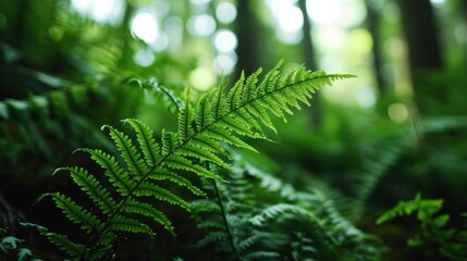  a close up of a fern leaf in the middle of a forest with trees in the back ground and sunlight shining through the leaves. - obrazy, fototapety, plakaty