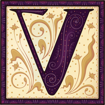 Medieval letter V .Font.Alphabet.Typeface.Ancient book miniature.