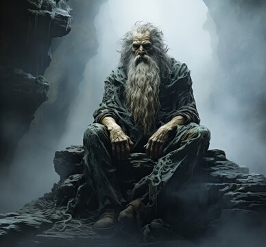 An old man with a long white beard is sitting on a rock in a cave