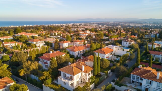 White and terracotta Mediterranean luxury villas with red tile roofs and lush gardens