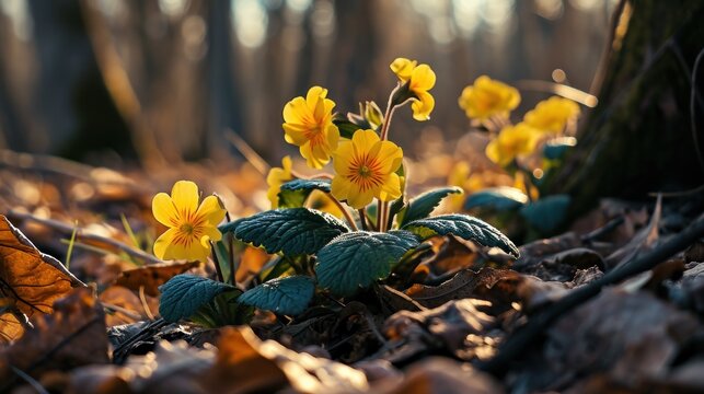  a group of small yellow flowers growing out of the leaves of a forest floor covered in brown and green leaves.