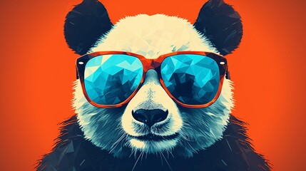 Fototapeta premium Panda wearing sunglasses on a solid color background, vector art, digital art, faceted