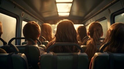 Rear view of a group of kids sitting in the bus and looking at the window, back to school  - obrazy, fototapety, plakaty