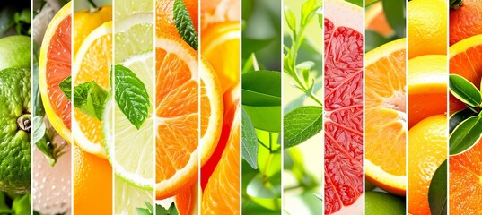 Brightly lit citrus fruit collage with white vertical division lines, minimum 7 segments - obrazy, fototapety, plakaty