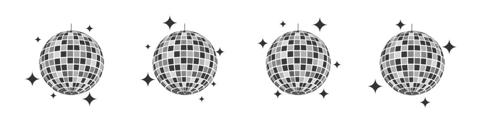 Set of mirror discoballs with glares. Shining nightclub spheres. Dance music party glitterballs. Vintage mirrorballs in 70s 80s 90s discotheque style. Nigh club symbols