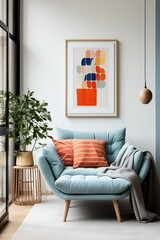 Blue armchair with colorful painting and plant