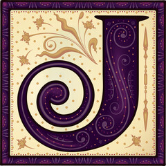 Medieval letter J .Font.Alphabet.Typeface.Ancient book miniature. 