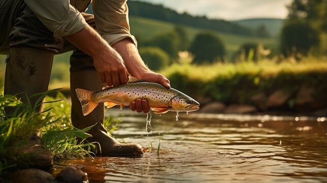 Man holding a fish he caught in a river