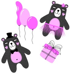 Birthday party cartoon animals set bears and balloons and gift pattern for wrapping paper and fabrics