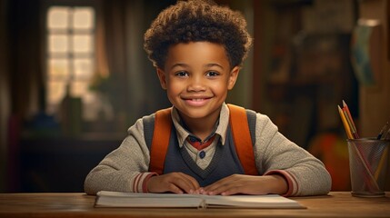 Smiling african american child school boy doing homework while sitting at desk at home. - obrazy, fototapety, plakaty