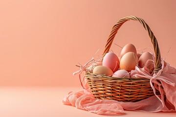 Easter basket with egg holiday background. Easter eggs beautiful colors