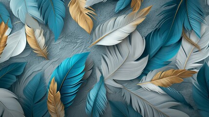3D blue, turquoise, and gray leaf and feather wallpaper, accented with gold, light drawing base, Illustration, high-quality rendering,