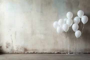 White balloons against the background of an old shabby wall. Generated by artificial intelligence
