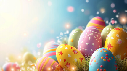 Festive Easter background template, Easter eggs on green grass with blue background and copy space, ideal for postcards, AI-Generated