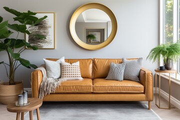 brown leather sofa in living room with plants and gold mirror