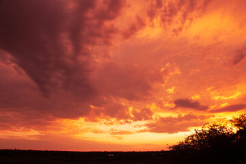 Las ultimas nubes luego de la tormenta son alcanzadas por los rayos de sol pintando el cielo en los últimos instantes antes del ocaso. - obrazy, fototapety, plakaty