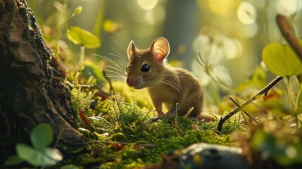  a small mouse sitting on top of a green moss covered forest floor next to a tree and a tree trunk.